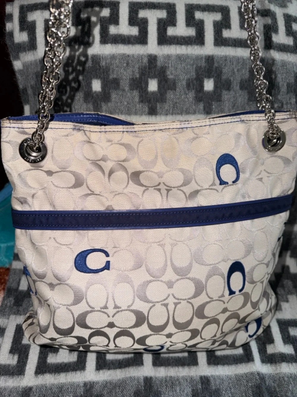 Coach Gray and Navy Shoulder Tote Silver Hardware - Picture 2 of 6